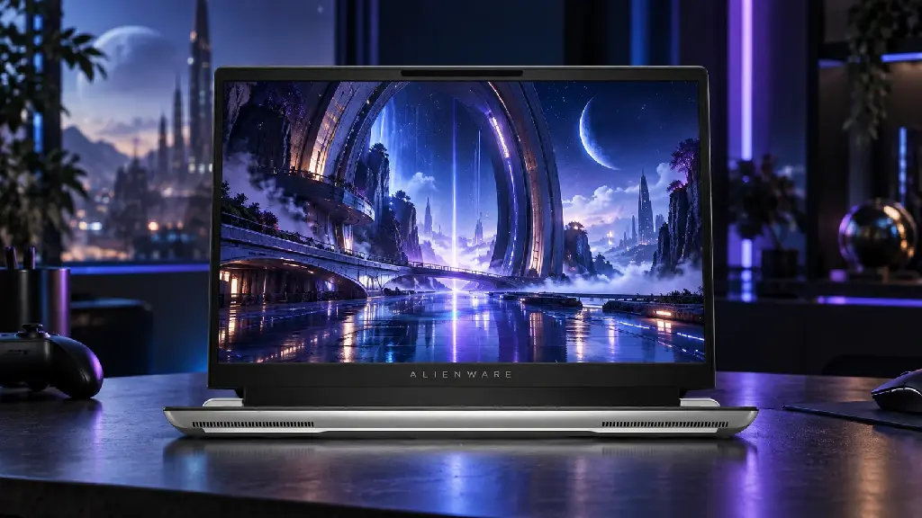 Alienware x16 R2 trong không gian gaming xanh tím – hình minh họa AI